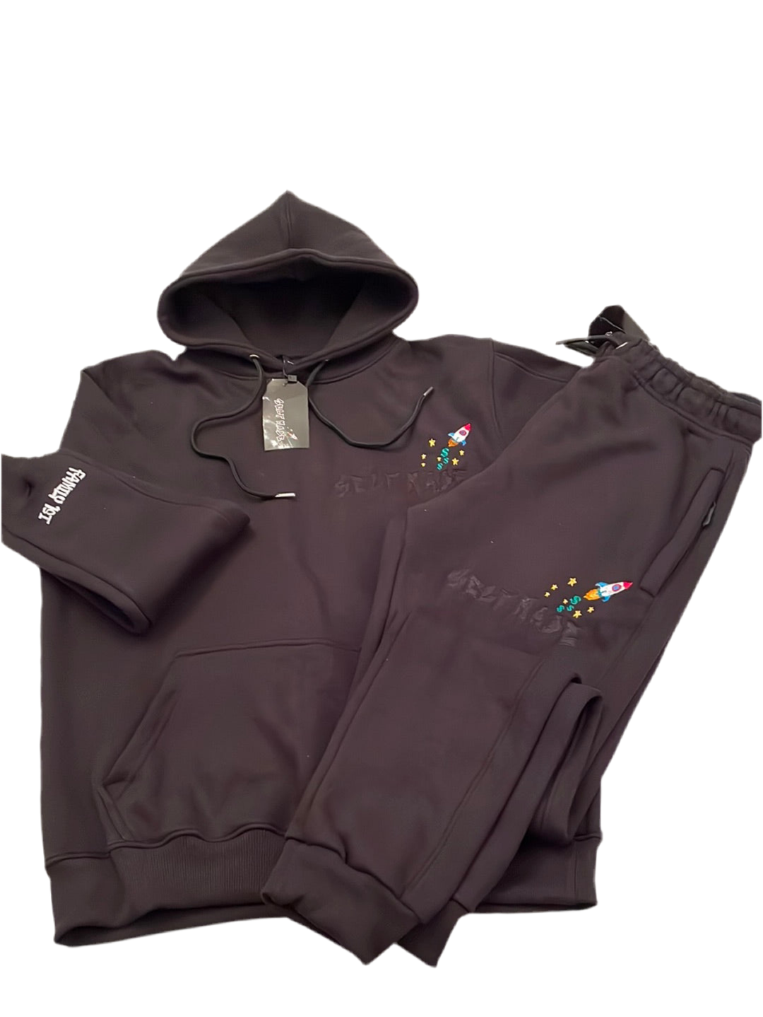 Black Self Made embroidery sweatsuit set